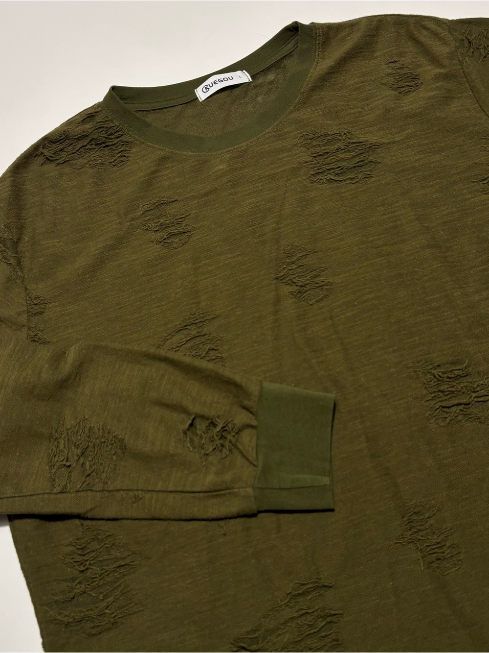 Kuegou Army / Olive Green Distressed Cotton Long Sleeve Tee